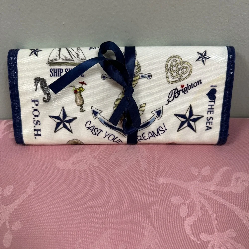 Brighton Anchors Aweigh Nautical Jewelry Roll Travel Organizer Blue White Velvet